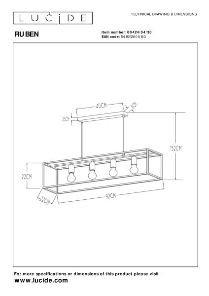 Lucide RUBEN - Suspension - 4xE27 - Noir - TECHNISCH